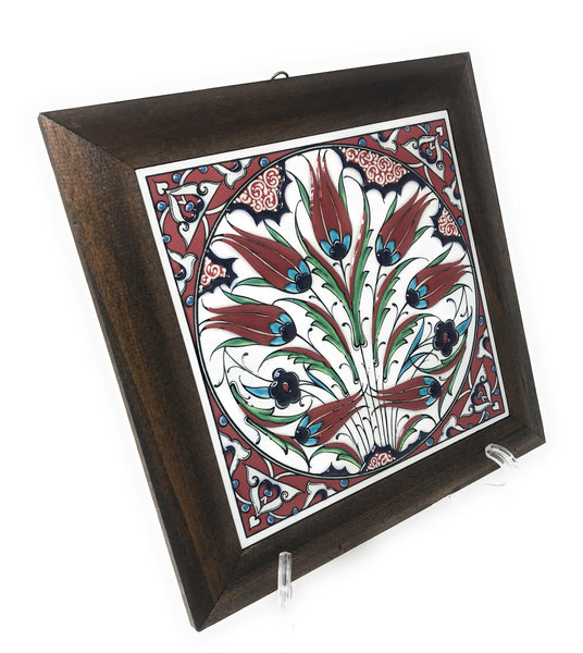 Handmade Handpainted Turkish Ottoman Design Wall Art Ceramic Tile With Natural Wood Frame