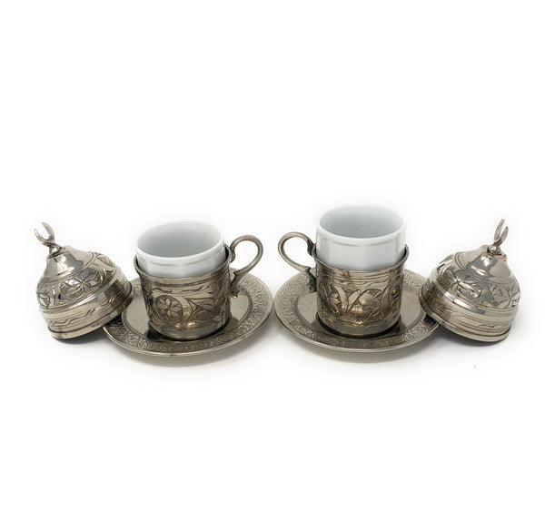 Hand Made Turkish Coffee Set, Nickel Plated Copper Espresso Set, Traditional Turkish coffee set, 2 pieces