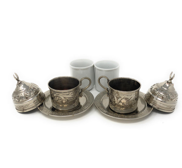 Hand Made Turkish Coffee Set, Nickel Plated Copper Espresso Set, Traditional Turkish coffee set, 2 pieces