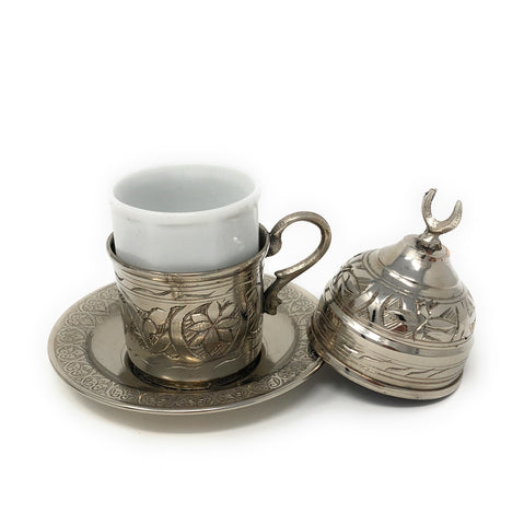 Traditional Antique Silver Turkish Coffee Set for 2