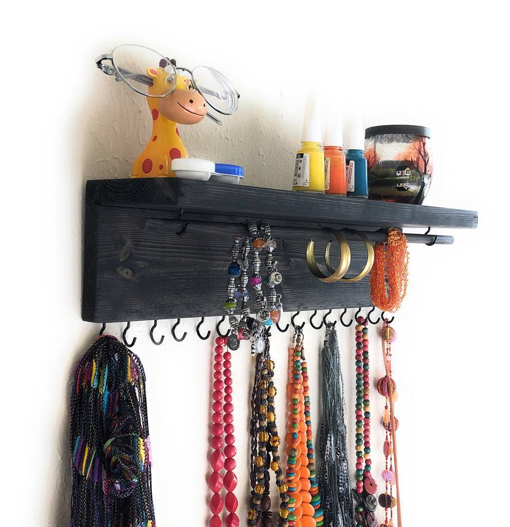 Jewelry Organizer Wall Hanging, Necklace Earring Organizer, Necklace Hanger, Jewelry Storage, Bracelet Holder-Ebony