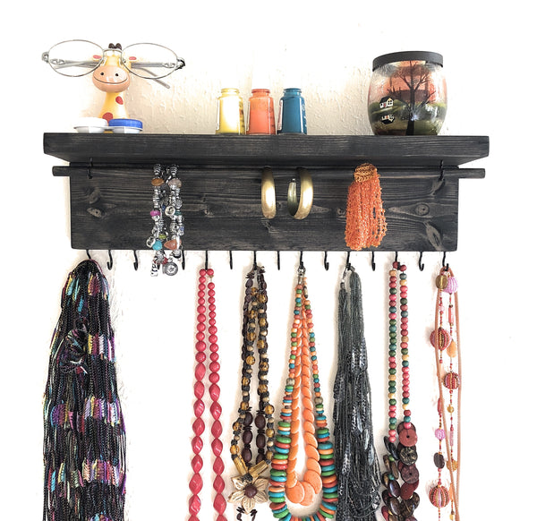 Jewelry Organizer Wall Hanging, Necklace Earring Organizer, Necklace Hanger, Jewelry Storage, Bracelet Holder-Ebony