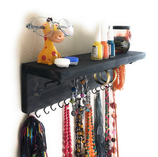 Jewelry Organizer Wall Hanging, Necklace Earring Organizer, Necklace Hanger, Jewelry Storage, Bracelet Holder-Ebony