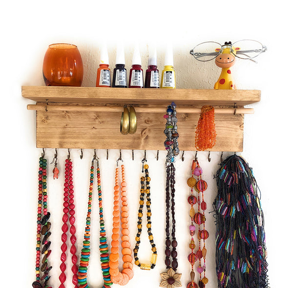 Jewelry Organizer Wall Hanging, Necklace Earring Organizer, Necklace Hanger, Jewelry Storage, Bracelet Holder-Golden Oak
