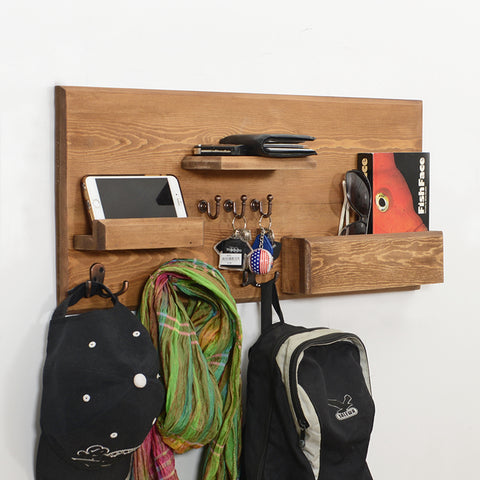 Woodymood Happy Wall Organizer Shelf, Key Hooks, Mail pocket, Coat Hooks, W:23.5'' L:3.4'' H:12'' (Brown)
