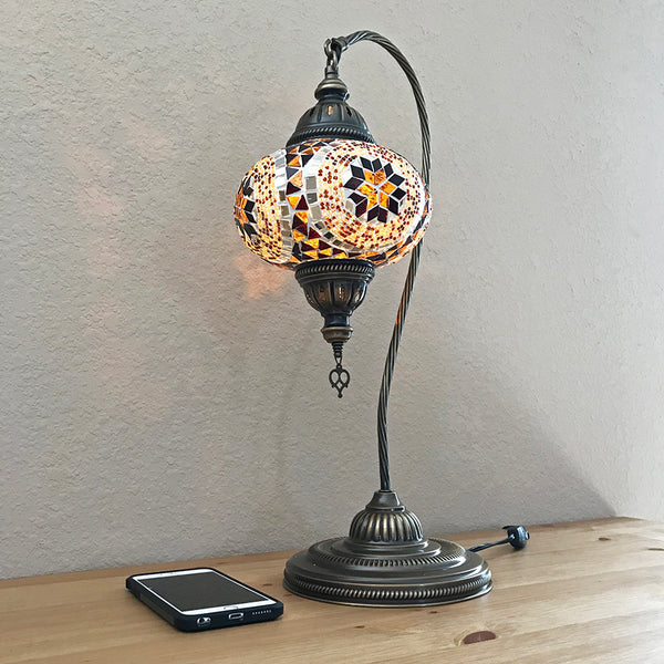 Woodymood Mosaic Swan Neck Table Lamp 7'' 1 Ball-Flower Amber