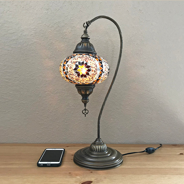Woodymood Mosaic Swan Neck Table Lamp 7'' 1 Ball-Flower Amber