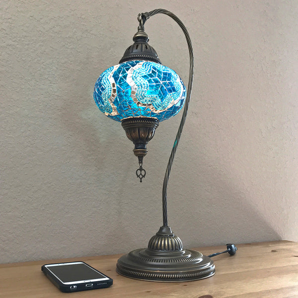 Woodymood Mosaic Swan Neck Table Lamp 7'' 1 Ball-Star Turquoise