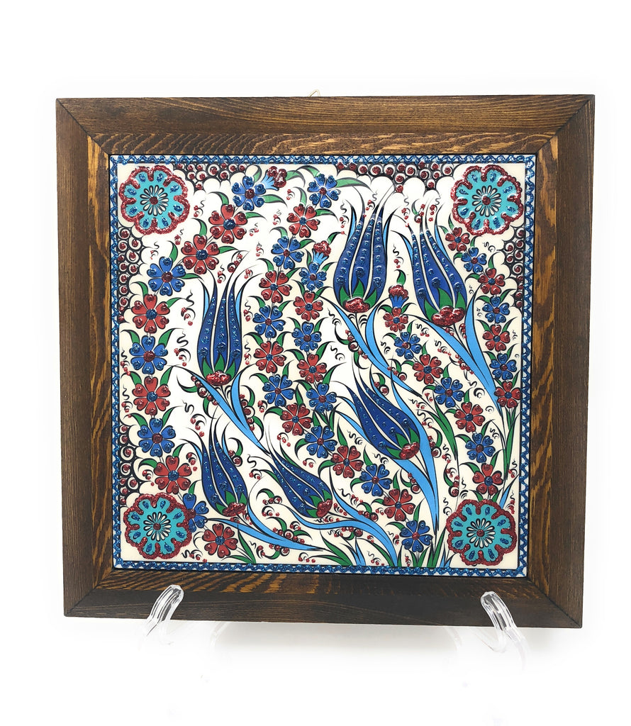 Handmade Handpainted Turkish Ottoman Design Wall Art Ceramic Tile With Natural Wood Frame