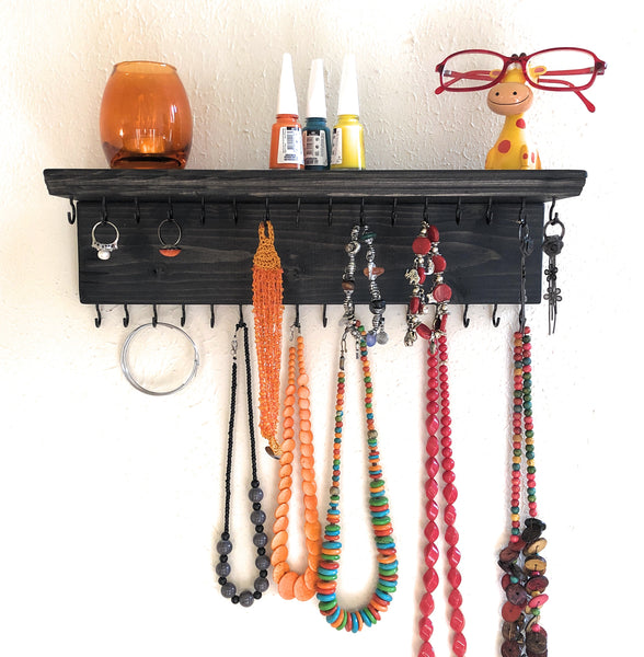 Jewelry Organizer Wall Hanging 32 Hook, Necklace Earring Organizer, Necklace Hanger, Jewelry Storage, Bracelet Holder-Ebony