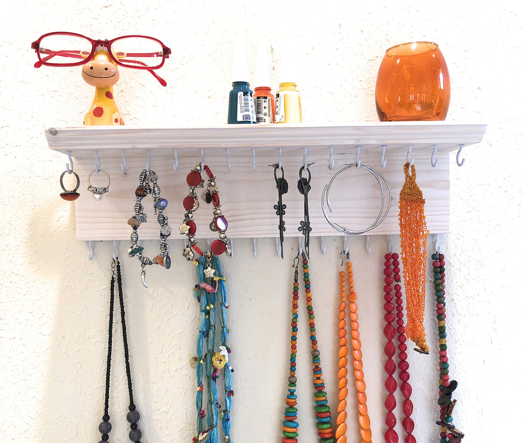 White Jewelry Organizer With Shelf, Jewelry Storage, Necklace Holder